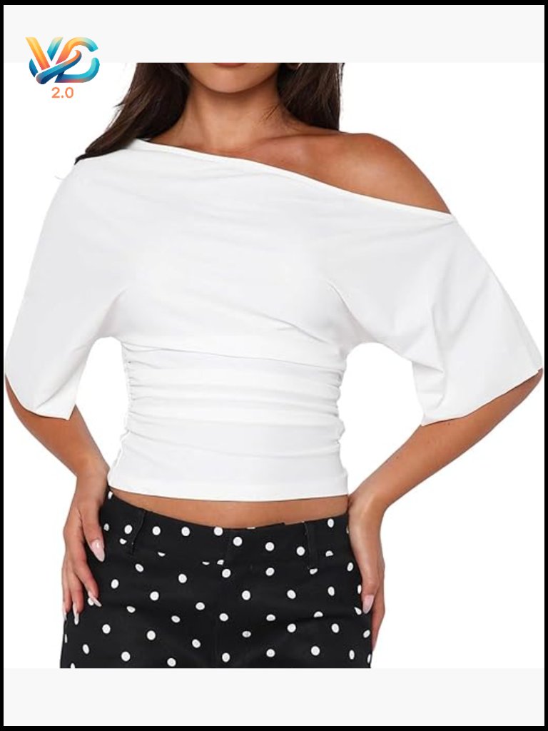 Off Shoulder Short Sleeve Crop Top Ruched Asymmetrical Y2k Going Out T Shirt